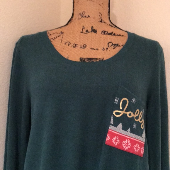 NWT-Tru Self Green Holiday Sweater with Jolly Pocket and Tie Front-M - Picture 2 of 16